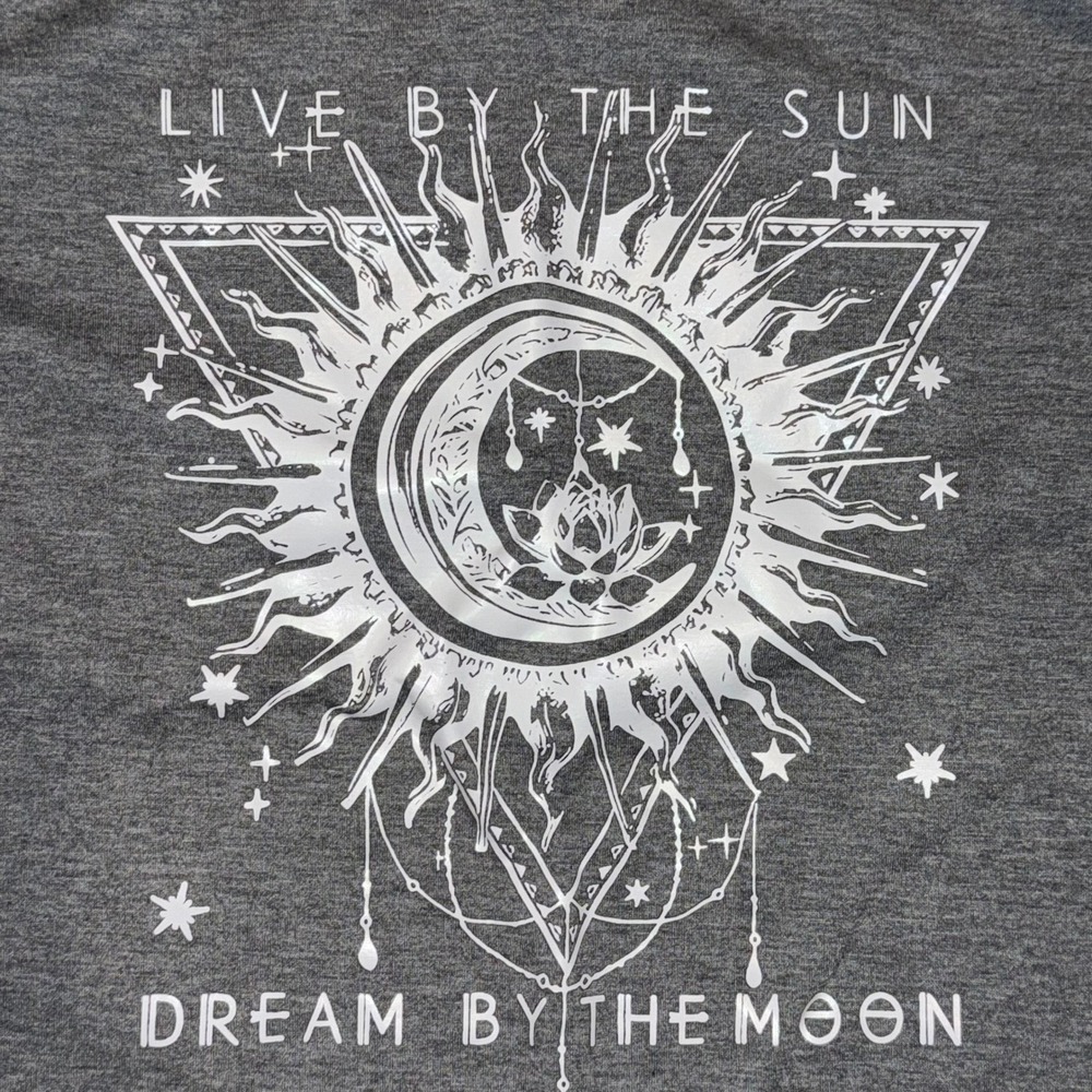 SHEIN Womens Celestial Sun Moon Graphic T-Shirt Gray Heather Boho Short Sleeve M